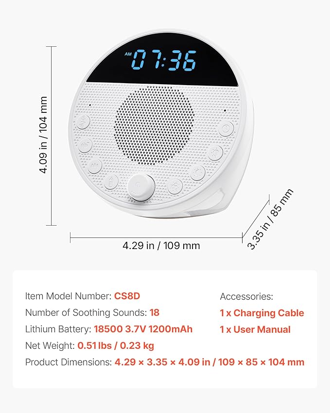 VEVOR Sound Machine, 18 Soothing Sleep Sounds and 7-Color Night Light, 5-in-1 White Noise Sound Machine with Dual Alarms, Auto-Off Timer and Memory Function, for Baby, Adults, Home, Office & Travel