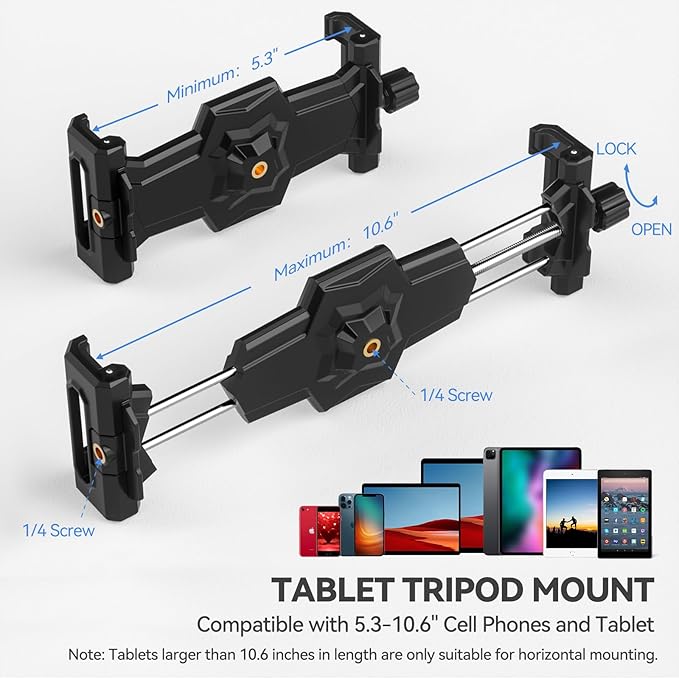 KDD iPad and Phone Tripod Mount Adapter with Ball Head, iPad Holder for Tripod, 360 Rotatable Tablet Clamp Mount fits iPad Pro 12.9, Air Mini 3 4, Galaxy Tab, Surface Pro, Selfie Stick(5.3-10.6")