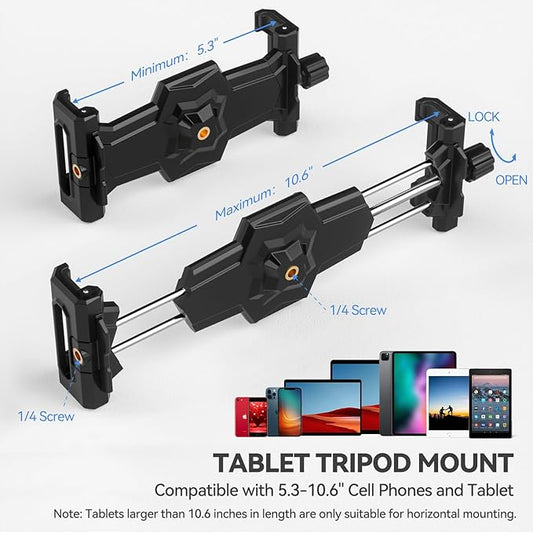KDD iPad and Phone Tripod Mount Adapter with Ball Head, iPad Holder for Tripod, 360 Rotatable Tablet Clamp Mount fits iPad Pro 12.9, Air Mini 3 4, Galaxy Tab, Surface Pro, Selfie Stick(5.3-10.6")