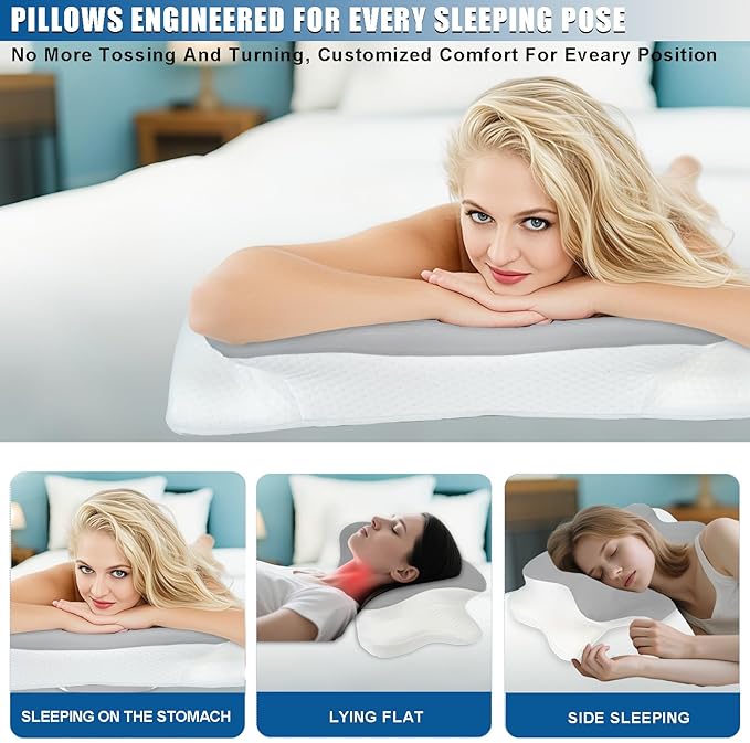 Memory Foam Pillows Cooling Cervical Pillow for Neck and Shoulder Pain Relief Ergonomic Contour Bed Pillow for Side Sleep Stomach Sleeping and Back Sleeper (Light Grey, Queen-23.2''Lx15.1''Wx4.7''H)