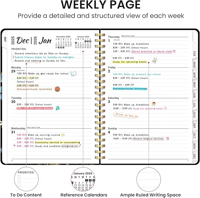 2026 Planner, Monthly and Weekly Calendar Planner for Women, January 2026 - December 2026, Hardcover Pretty 2026 Agenda Planner Book with Tabs, Spiral Bound, Perfect for School Office Home Supplies, 6.3" x 8.5" - Peony Bloom