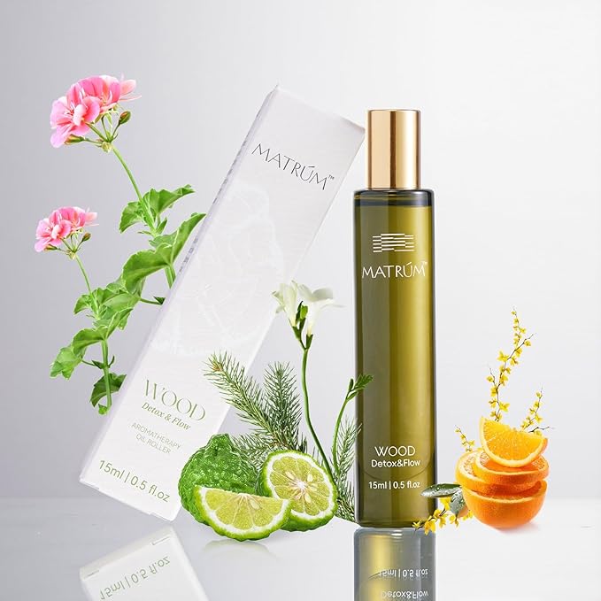 MATRUM Stress Relief and Flow Essential Oil Blend Roller | Wood Element | Geranium, Pinus Sylvestris Leaf, Bulgaria Lavender, Santalum Album Oil, Polianthes Tuberosa Extract, Ylang-ylang Oil