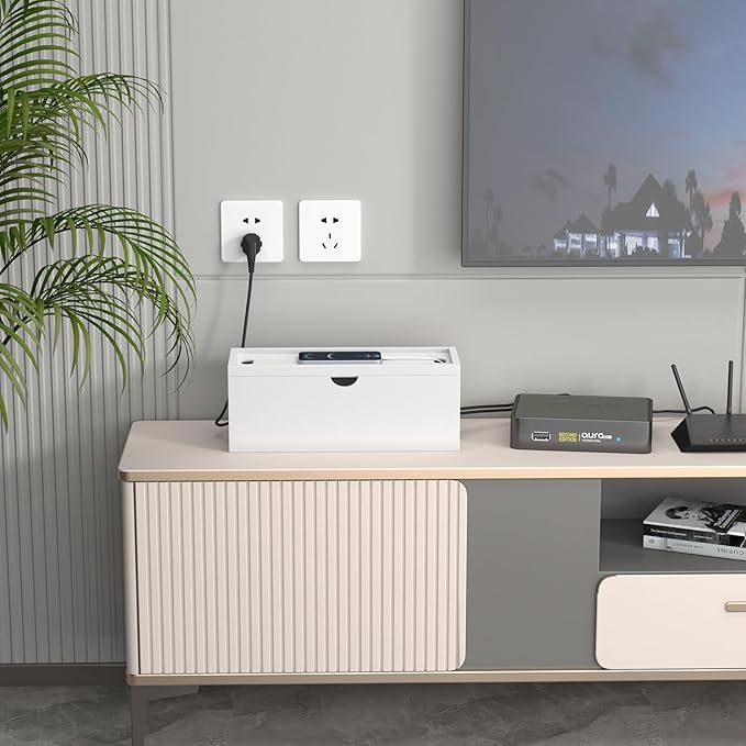 Bamboo Cable Management Box, Large Cord Organizer Box Cable Box to Hide Wires & Power Strips for Desktop Storage Cord Holder for Office Home,No Assembley Required (All White, Large)