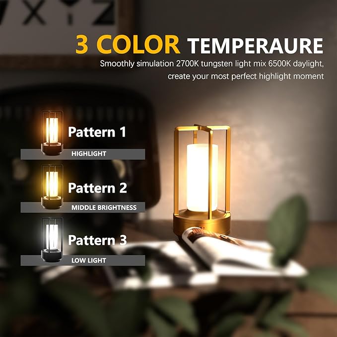 Table Lamp, Portable Cordless Rechargeable LED, 3-Colour Dimming, Gold, Ideal for Bedroom, Outdoor, Restaurants, Bars, Coffee Shops, Camping