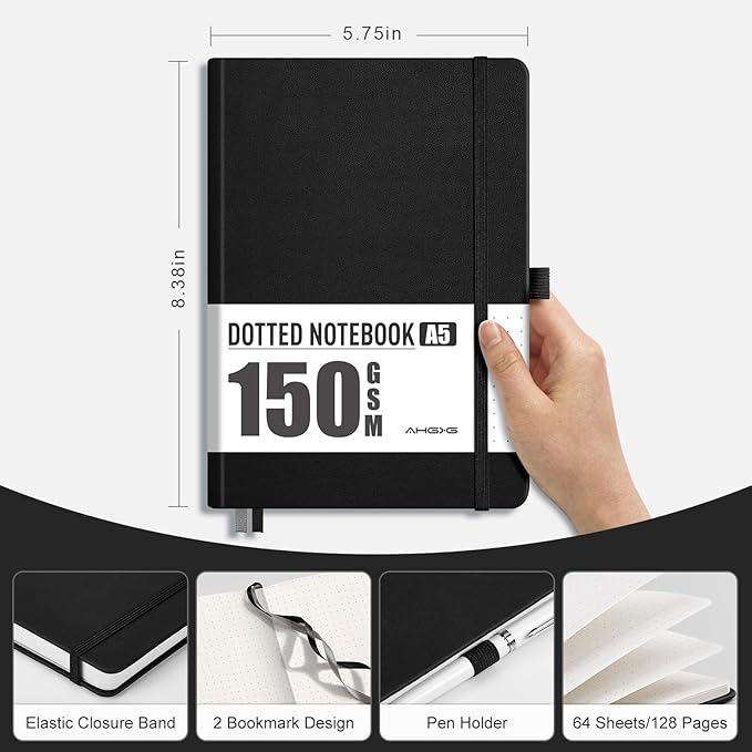 AHGXG Bullet Dotted Journal - 150 GSM Dot Grid Notebook Journal, Thick Acid-Free Paper, A5 Dotted Notebook 128 Pages, Leather Hardcover, Inner Pocket, Journal Stencil, 5.7'' × 8.3'' - Black