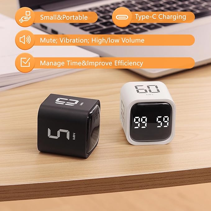 GuDoQi Multi-Function Cube Timer, 5/10/30/60 Min & Custom Count Down, Included Pause & Resume Feature, Silent, Vibrate & Adjustable Sound Alarm for Productivity in Tasks, Study & Kitchen, Black
