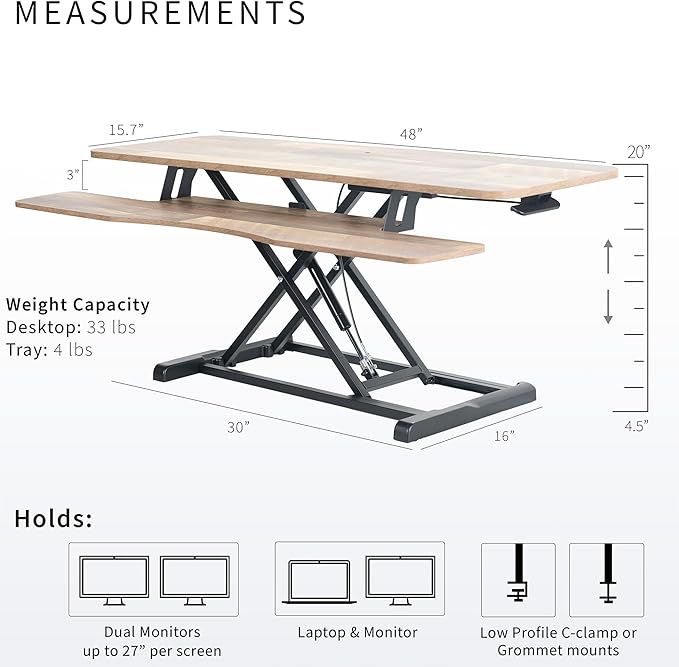 VIVO 48 inch Desk Converter, K Series, Height Adjustable Sit to Stand Riser, Dual Monitor and Laptop Workstation with Wide Keyboard Tray, Reclaimed Wood Top, Black Frame, DESK-V048KP
