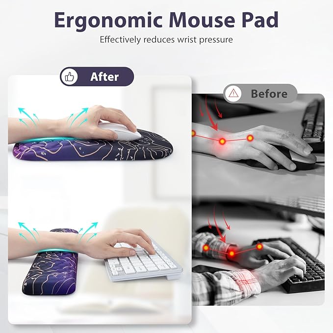 3 in 1 Ergonomic Mouse Pad and Keyboard Wrist Rest, Pad for Mouse and Keyboard Massage Design, Non-Slip Mousepad Set with Wrist Rest for Desk (Purple)