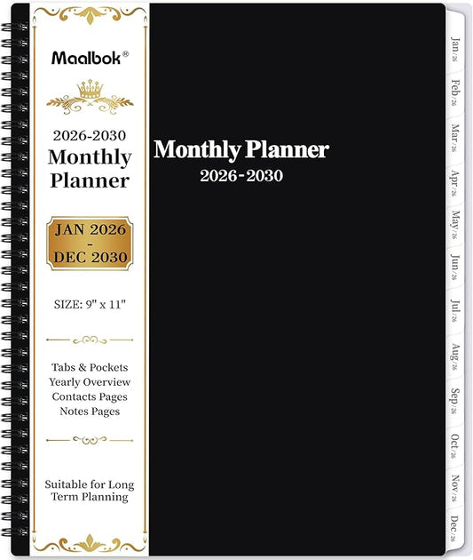 2026-2030 Monthly Planner/Calendar - Jan 2026 - Dec 2030, 5 Year Monthly Planner with Tabs & Celebrity Quotes, 9" x 11", Famous Quotes, Two-Side Pocket, Suitable for Long-Term Planning, Black