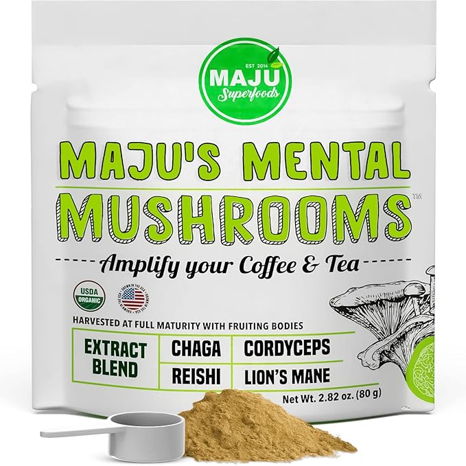 MAJU's Mental Mushroom Powder Extract, Strong Lions Mane, Chaga, Reishi, Cordyceps, Fruiting Bodies for Coffee, Immune System Booster, Nootropic Brain Supplement, Memory, Organic Mushrooms