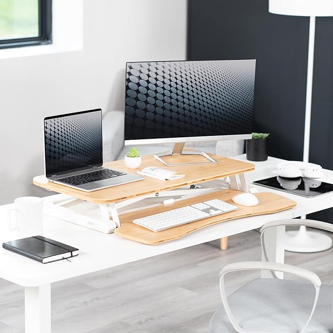 VIVO 32 inch Desk Converter, K Series, Height Adjustable Sit to Stand Riser, Dual Monitor and Laptop Workstation with Wide Keyboard Tray, Bamboo Top, White Frame, DESK-V000KO