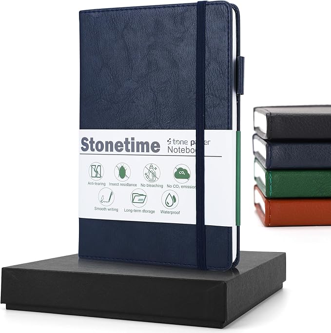 Stone Paper Notebook for Women Men, A5 Waterproof Notebook Hardcover Executive Journal, Ruled Notebooks for Writing, Business, Work ＆ School, 160 Pages Notebook with Box (A5 Blue)