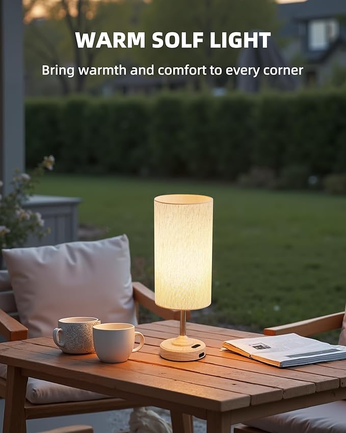 EZVALO Rechargeable Table Lamp, 2-Pack, Dimmable, 2700K, Timer, Touch Control, Portable, LED, Wireless, Cordless e, Battery Operated, Desk Lamp, Kitchen Lamp, Fabric Shade, Wood-Grain Finish, Bedside