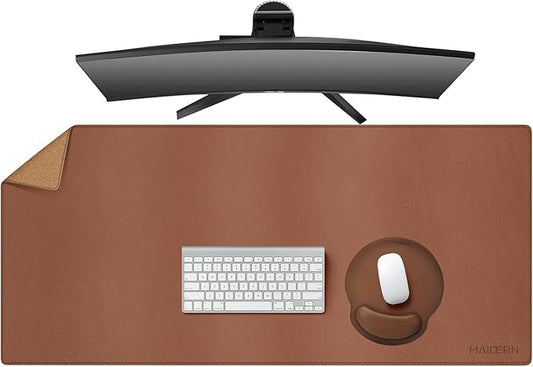 MAIDERN 43.3”x 19.6” Leather Desk Mat, Large Desk Pad, Cork & Leather Large Mouse pad for Desk, Waterproof Computer Desk Mat for Gaming Home Office (Brown)