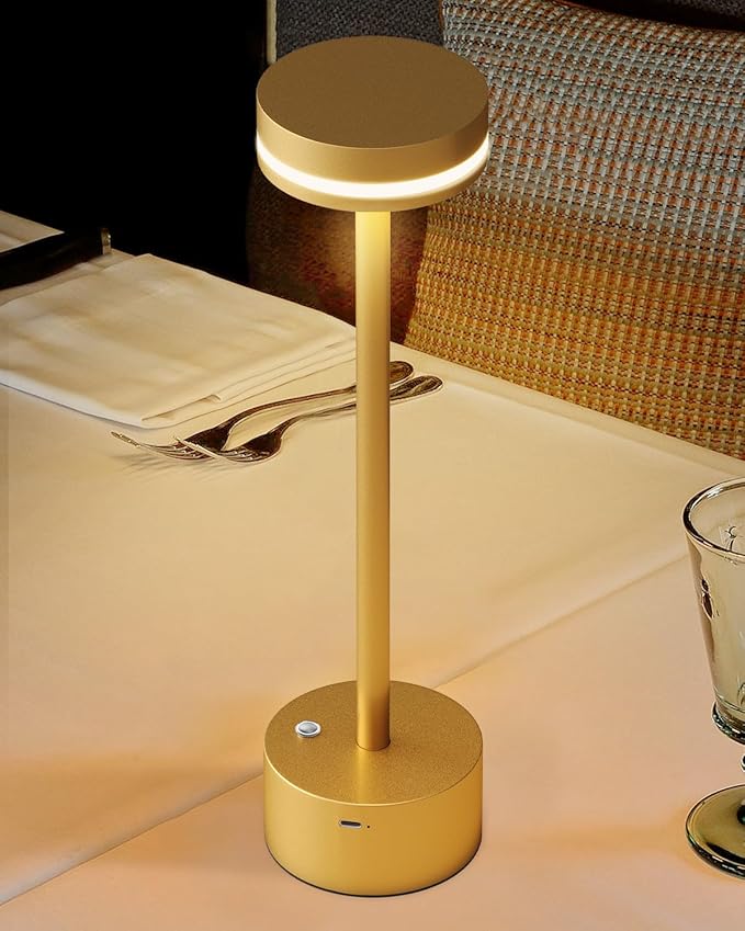 Modern Rechargeable Cordless Table Lamp, Aluminum Shell Dimmable Battery Powered Lamp, 4000mAh Certified Battery, 3000K Portable Warm White Bedside Lamp, Pack of 2 (Gold)