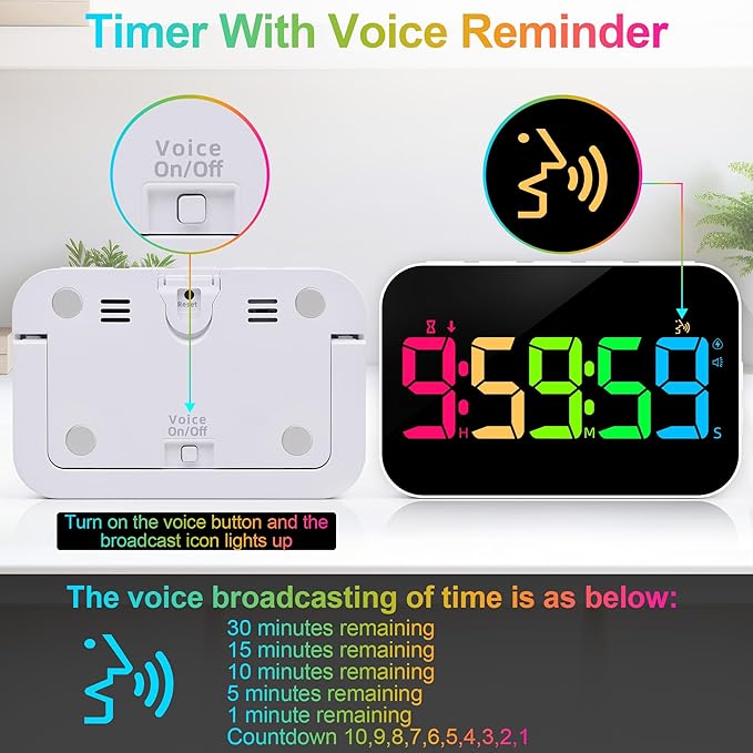 Digital Kitchen Timer, 10 RGB Color Rechargeable Magnetic Timer for Cooking with Countdown/Up, 5”LED Large Display with Sound Alert Function, Kids Timers for Classroom Gym Work Study Fitness Game