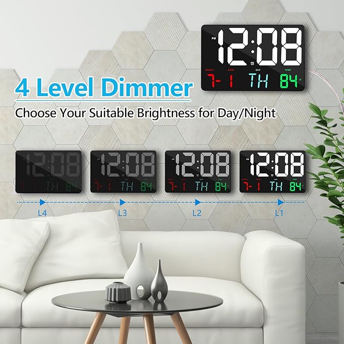 Amgico Digital Alarm Clock with Snooze, Temperature, Auto Dimming, 11.5" Large Display Calendar, Desk/Wall Clock for Bedroom, Living Room, Office, Home, Classroom, Kids, Elderly - Colorful