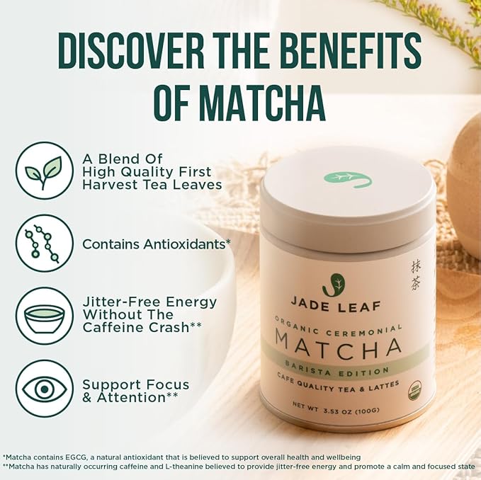 Jade Leaf Matcha Organic Ceremonial Grade Green Tea Powder - Barista Edition For Cafe Quality Tea & Lattes - Authentic Japanese Origin (3.53 Ounce Tub)