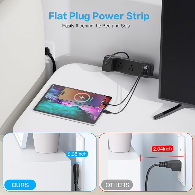 3 Outlet Desk Clamp Power Strip with USB C, Black Flat Plug Desktop Edge Clamp Power Socket Connect 6.5 ft Thin Extension Cord for 1.6 inch Tables