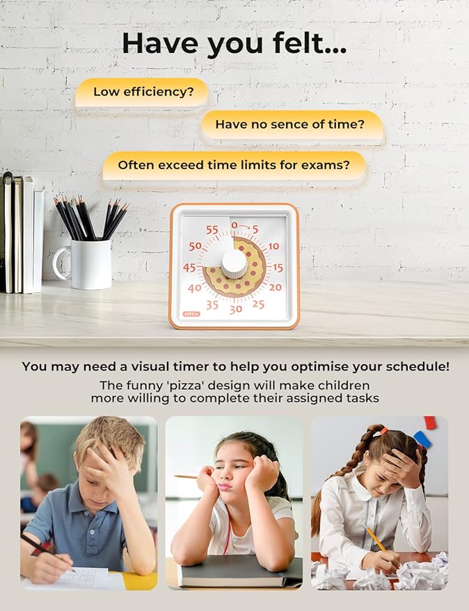 LIORQUE 60 Minute Visual Timer for Kids, Visual Countdown Timer for Classroom Office Kitchen with 'Pizza' Pattern Design, Pomodoro Timer with Silent Operation (Batteries Included)