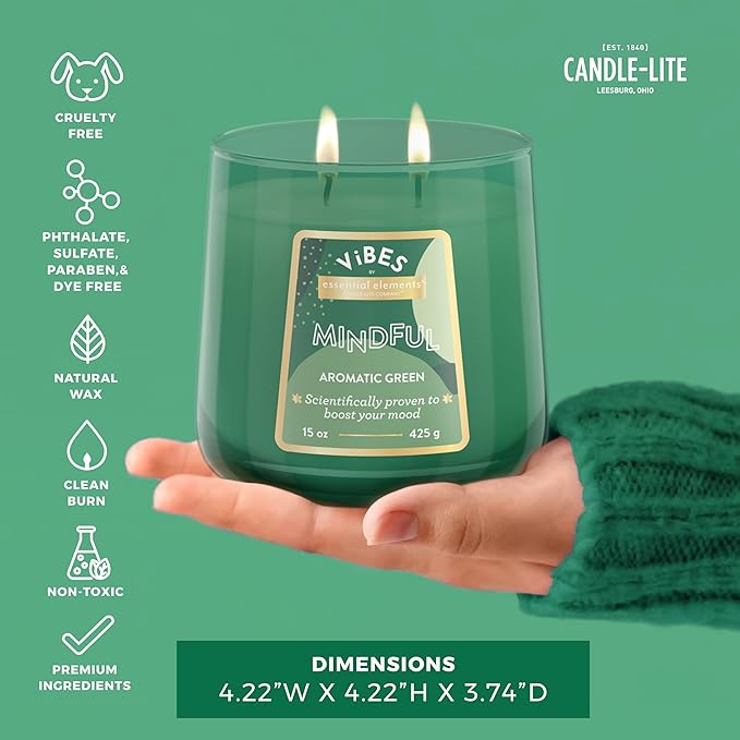 Candle-Lite Vibes Aromatic Green Mood-Enhancing Scented Candles, 15 oz Jar, Aromatherapy, Proudly Poured in The USA, 2-Wick, 86 Hours Burn Time, Perfect Relaxation Gift