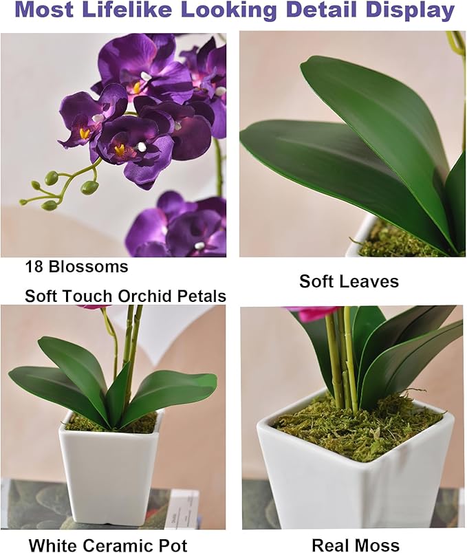 Faux Orchid in Vase Artificial Orchid in Ceramic Vase Tall Silk Orchids with Stems Real Look Phalaenopsis Flowers Arrangement Centerpiece Table Decorations for Home Decor Indoor, Dark Purple