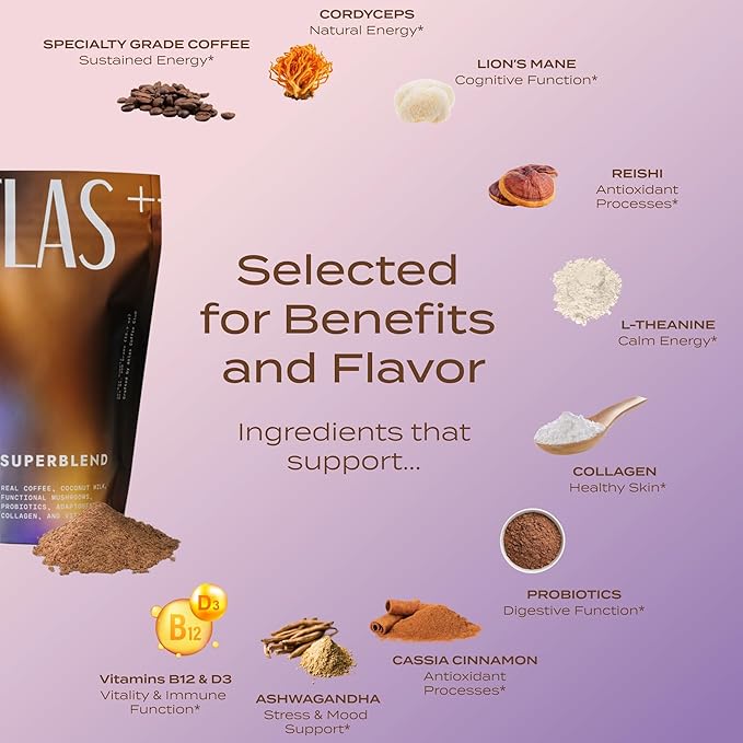 Atlas+ Latte Superblend– Instant Mushroom Coffee with Lion’s Mane, Reishi, Cordyceps, Ashwagandha, Probiotics, Vitamin D3 & B12, Coconut– for Energy, Focus, Immunity & Gut Health– 20 Servings (1 Bag)