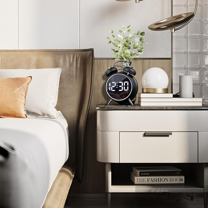 Digital Small Alarm Clock, 4.5 Inch Double Bell Electronic LED Alarm Clock, Plug in or Battery Operated Silent Metal Table Clock, Modern Loud Bedside Clock for Heavy Sleepers Adults Kids (Black)