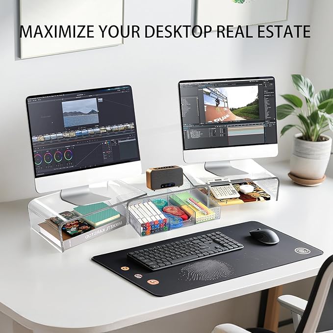 Clear Acrylic Desk Organizers and Accessories, Dual Computer Monitor Stand Riser with Drawer, Desk Shelf for Monitor, Workspace Desktop Organization for Office Supplies