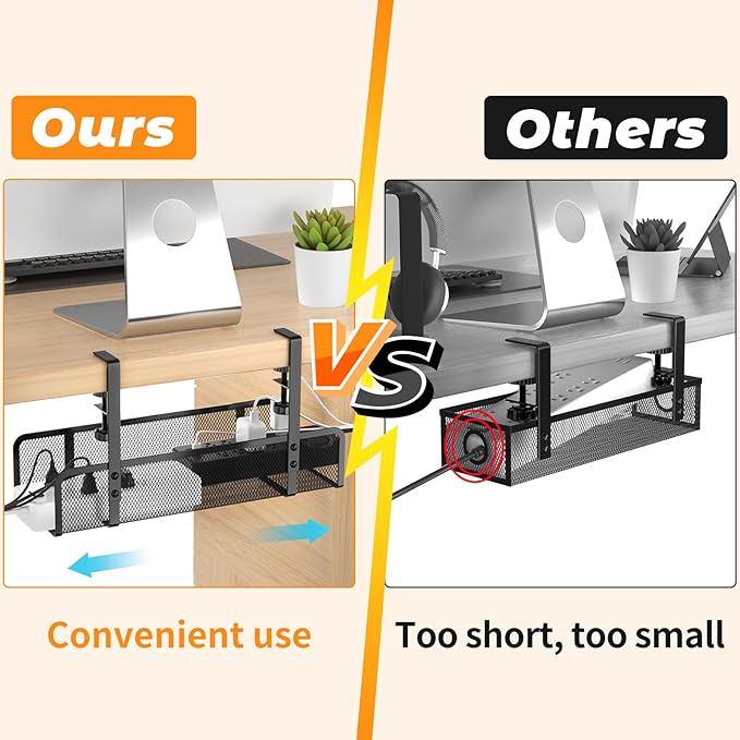 Under-Desk Cable Organizer Tray - Wire Management Box with Cord Organizer and Raceways for Office & Home - No Desk Damage, No Drill