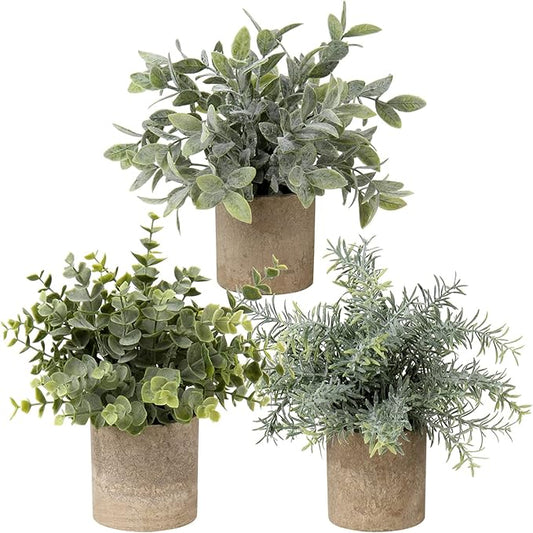 Briful Artificial Potted Plants Set of 3 Small Faux Plant Eucalyptus Mini Fake Plant Decor for Home Table Office Room Desk Bathroom Shelf Kitchen Rustic Farmhouse Mantel Decoration
