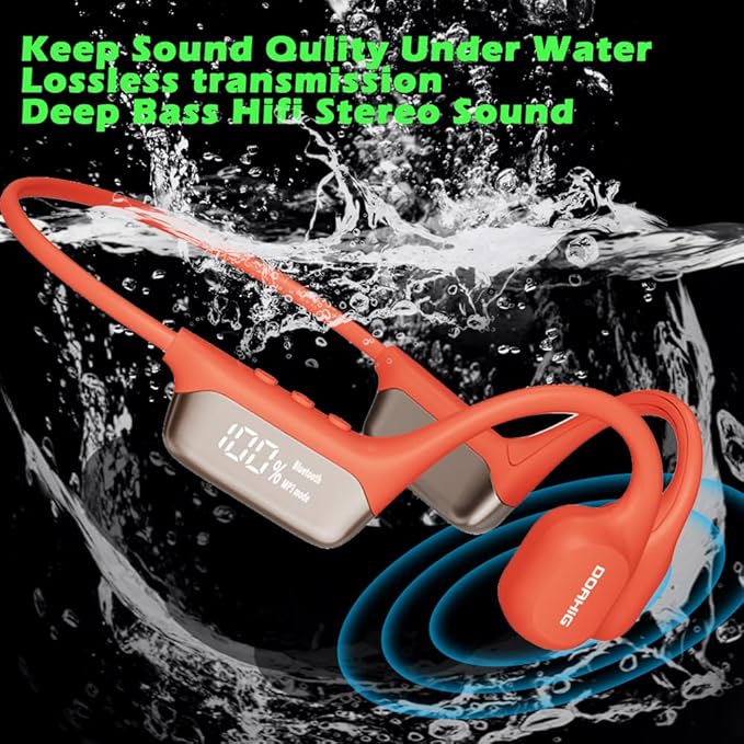 AYI Swim Headphones True Bone Conduction Open Ear Headset LED Screen Power Indicator Underwater MP3 Player Built-in 32G Memory IP68 Waterproof Bluetooth Earphone for Sport Running-S10 Red