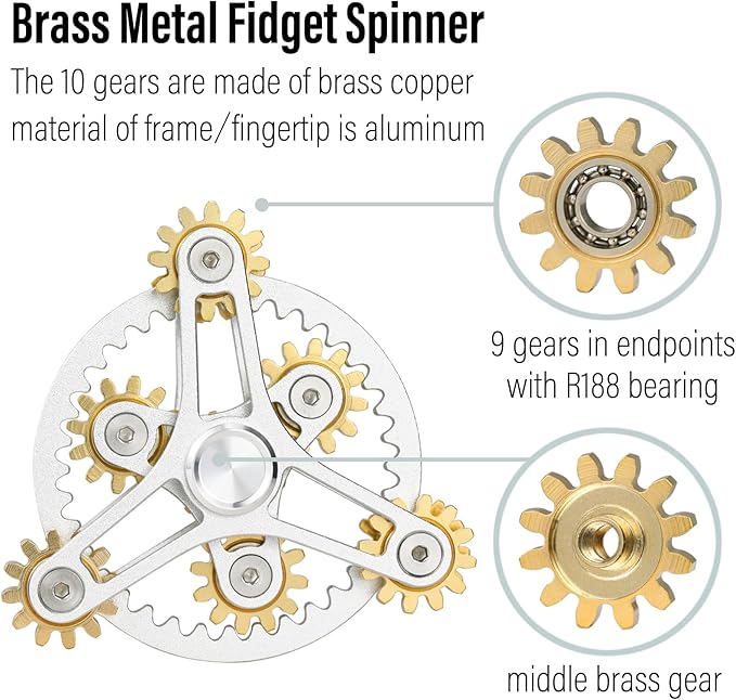 FREELOVE Gear Metal Fidget Spinner Toys for Adults, Small Mini Tiny Pockget Figette, Bike Chain, Copper Brass Hands Gyro, Quiet Silent Cool Cube for Anxiety Men (Wheel 10 Gears Linkage, Silver-Brass)