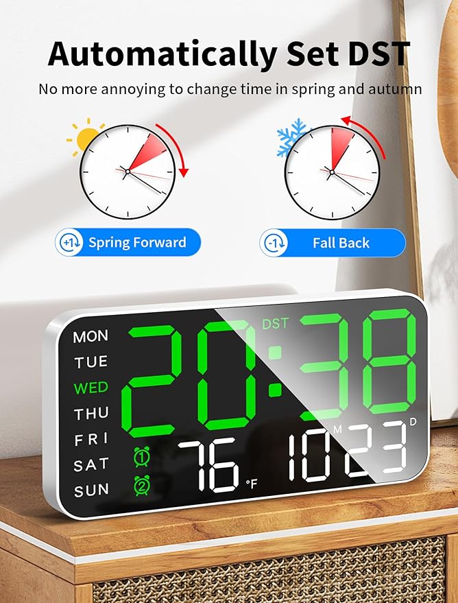 MASHI 8.4''Large Digital Wall Clock, Led Alarm Clock with Big Digits, Date, Temperature, DST, Modern Decor Design for Desk,5-Level Brightness for Room, Bedroom, Gift, Yougster and Elderly