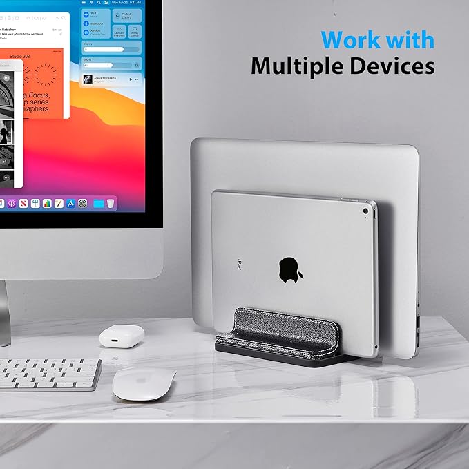 Leather Vertical Laptop Stand,Dual Laptop Holder Stand,Laptop Organizer with Adjustable Dock (18-26mm/0.7-1 in) for All MacBook/Tablet/Surface/Dell/iPad (Black)