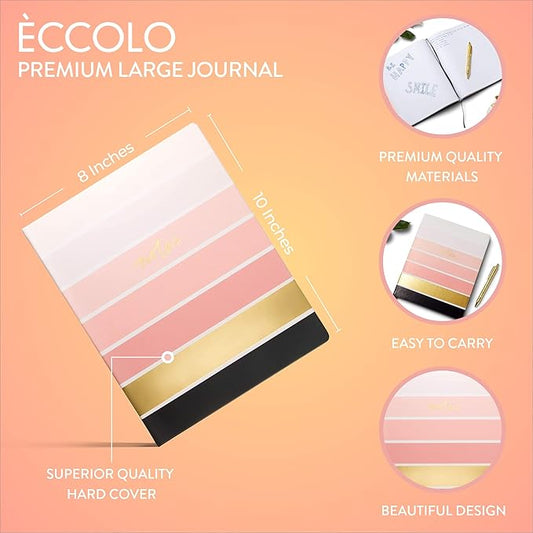 Eccolo Large Lined Journal Notebook, Hardbound Cover, Writing Journal, 256 Ruled White Pages, Ribbon Bookmark, Lay Flat, Desk Size for Work or School, Ombre Stripes (Pink, 8x10 inches)