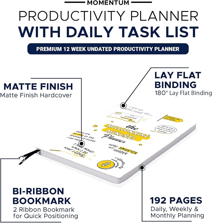 Momentum - Daily, Weekly, Monthly Productivity Planner Kit | Doodle Cover Undated A5 Size | 192 Pages Journal + Motivational Stickers & Post Card | 4 Months | Planner For Office