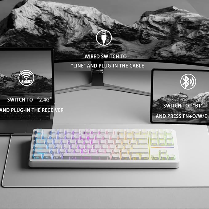 EWEADN X87 Wireless Mechanical Keyboard ASMR, 10000 mAh Battery, 75% Keyboard with Huano Arctic Switch BT5.0/2.4GHz/USB-C Topographic Keycaps Hot Swappable Custom Keyboards, Gasket Structure-White