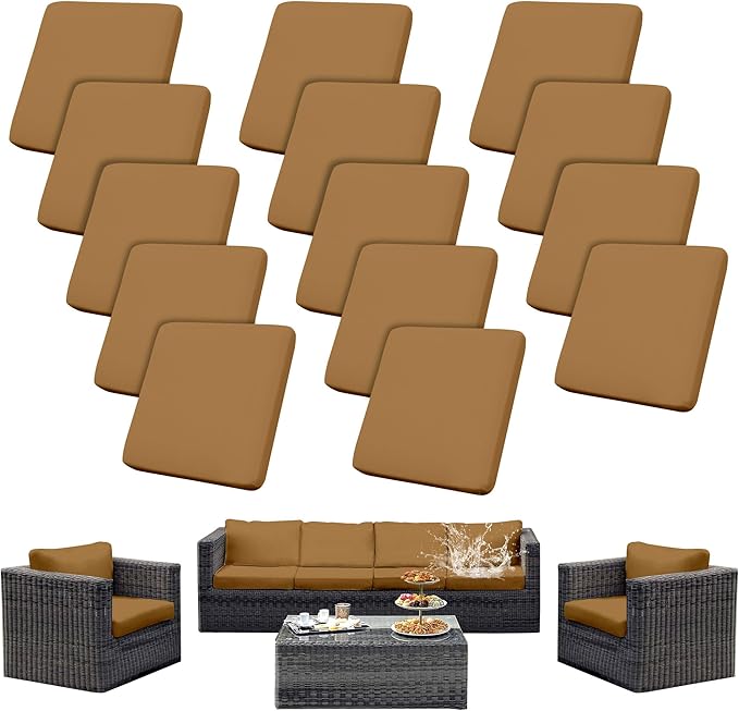 14Pcs Patio Cushion Covers Waterproof, Cushion Covers, Stretch Outdoor Couch Covers, Patio Couch Slipcovers, Patio Cushion Covers Replacement, Outdoor Chair Cushion Covers(Camel)