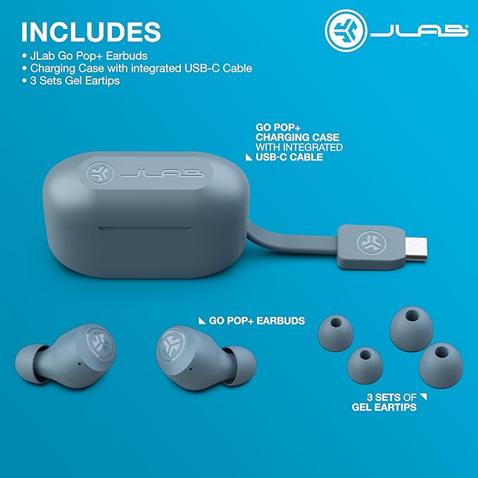 JLab Go Air Pop+ True Wireless Earbuds, in Ear Headphones, Bluetooth Earphones, 35H Playtime Ear Buds, Bluetooth Earbuds with Microphone, USB-C Charging Case, Dual Connect, EQ3 Sound, Slate