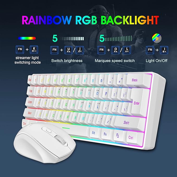 Snpurdiri 2.4G Wireless Gaming Keyboard and Mouse Combo, Include Small 60% Merchanical Feel Ergonomic Design Mini Wireless Mouse(White)