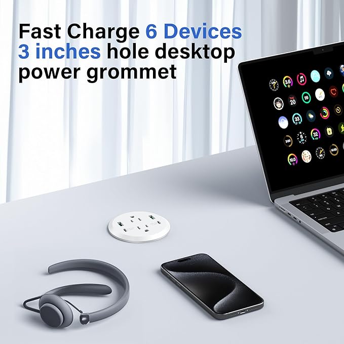 Desktop Power Grommet,40W Fast Charging Station,2 AC Outlets,4 USB Ports,Flush Mount Power Grommet 3-inch Hole,2 PD 20W USB C Ports