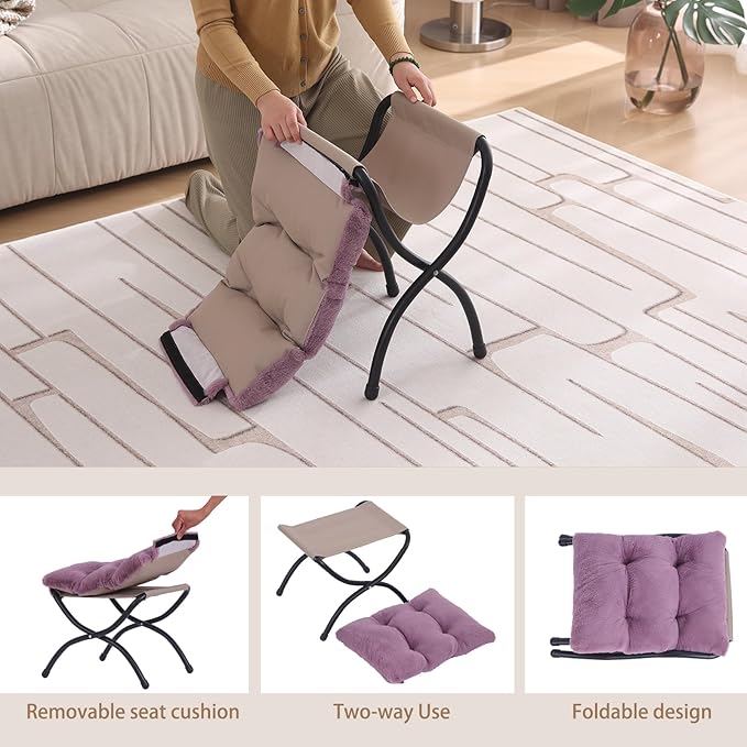 Welnow Folding Foot Stool, Upholstered Small Accent Ottoman with Detachable Thick Cotton Cushion Padded Sofa Stool and Metal Frame for Lazy Chair, Living Room, Bedroom, Plush Purple