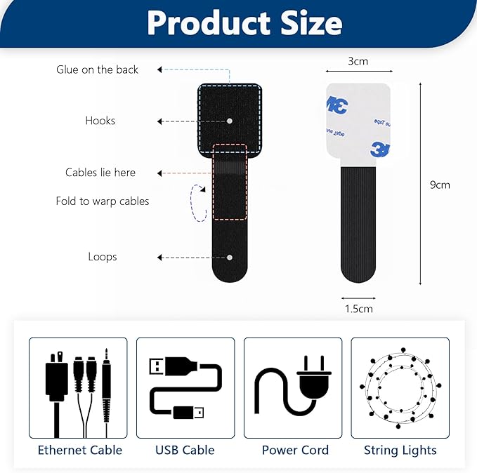 50 PCS Hook and Loop Cable Ties, Under Desk Cable Management, Self Adhesive Cable Tidy Clips Straps, Sticky-Back Cord Organizer, Wire Organizer for TV PC Laptop Ethernet Desktop, Black