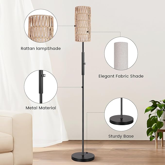 PARTPHONER Boho Floor Lamp for Living Room with 3 Color Temperatures LED Bulb, Standing Lamp Tall Lamp Reading for Bedroom, Office, Kids Room (9W LED Bulb, Rattan & Fabric Shades Included)
