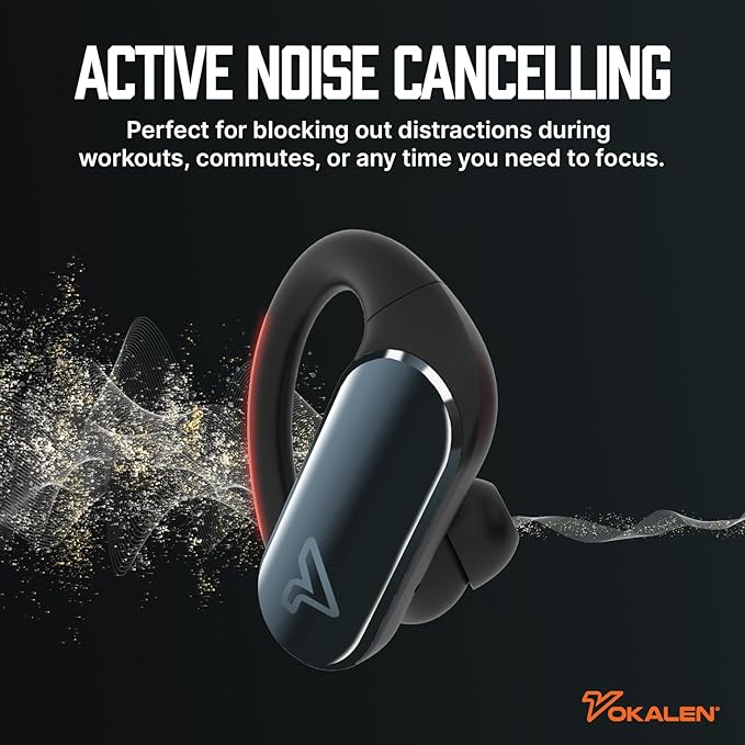 VOKALEN Reflex Pro - Wireless Sport Earbuds with Ear Hooks, Active Noise Cancellation, up to 50H of Battery Life, IP68 Dust and Waterproof, Touch Control, Secure Fit for Sports (Black)