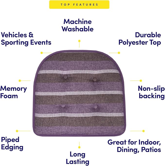 Sweet Home Collection Chair Cushion Memory Foam Pads Tufted Slip Non Skid Rubber Back U-Shaped 17" x 16" Seat Cover, 6 Count (Pack of 1), Bradford Purple