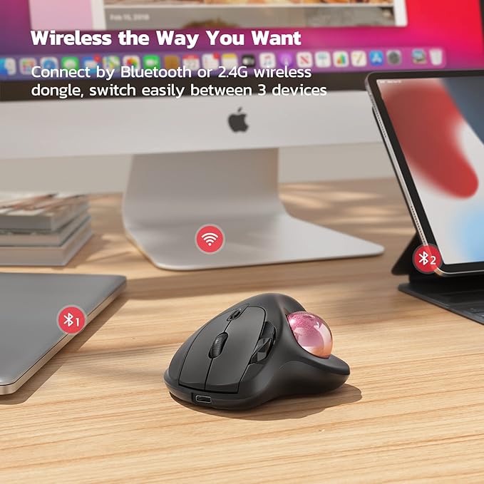 Nulea M501 Wireless Trackball Mouse, Rechargeable Ergonomic, Easy Thumb Control, Precise & Smooth Tracking, 3 Device Connection (Bluetooth or USB Receiver), Compatible for PC, Laptop, Mac, Windows.