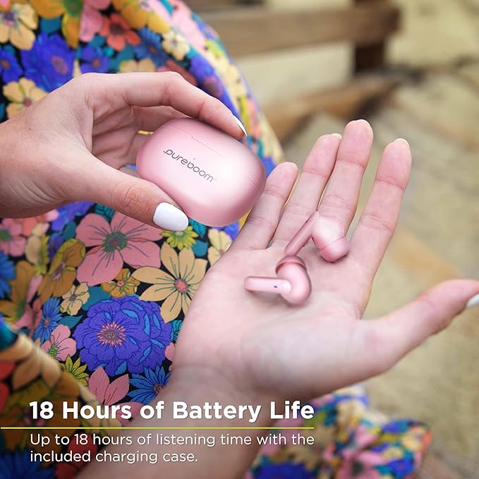 PureGear PureBoom Wireless Earbuds for Enhanced Sound, Touch Control Stereo Headphones in Ear Built-in Mic for iPhone/Android Phones/TV/Laptops, More Devices (Pink) Lifetime Replacement Coverage