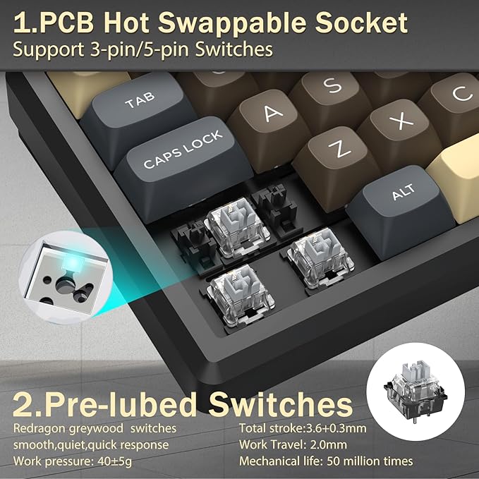 Redragon 60% Wireless Mechanical Gaming Keyboard, Full Aluminum Shell, Bluetooth/2.4GHz/USB-C, Hot Swappable Pre-lubed Linear Switches, Gasket Structure, Creamy Sound, Metal Knob, RGB Light